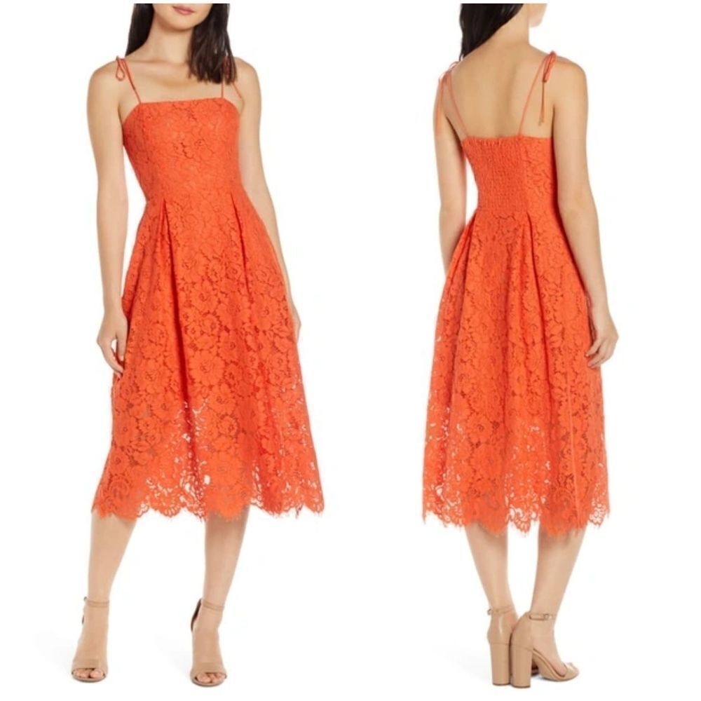 Charles Henry Tie Strap Lace Midi Dress